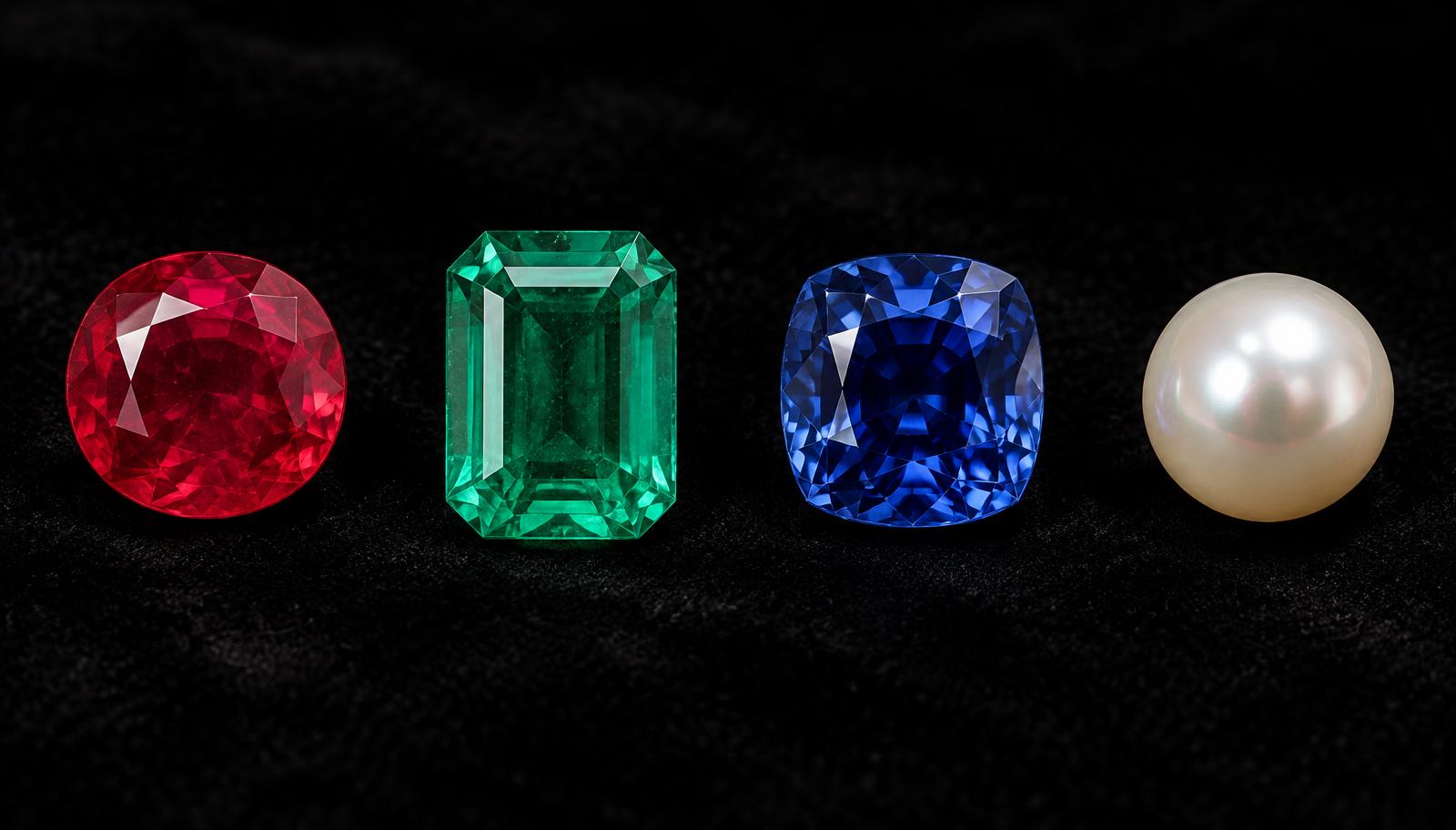 Ruby, emerald, blue sapphire and pearl displayed individually