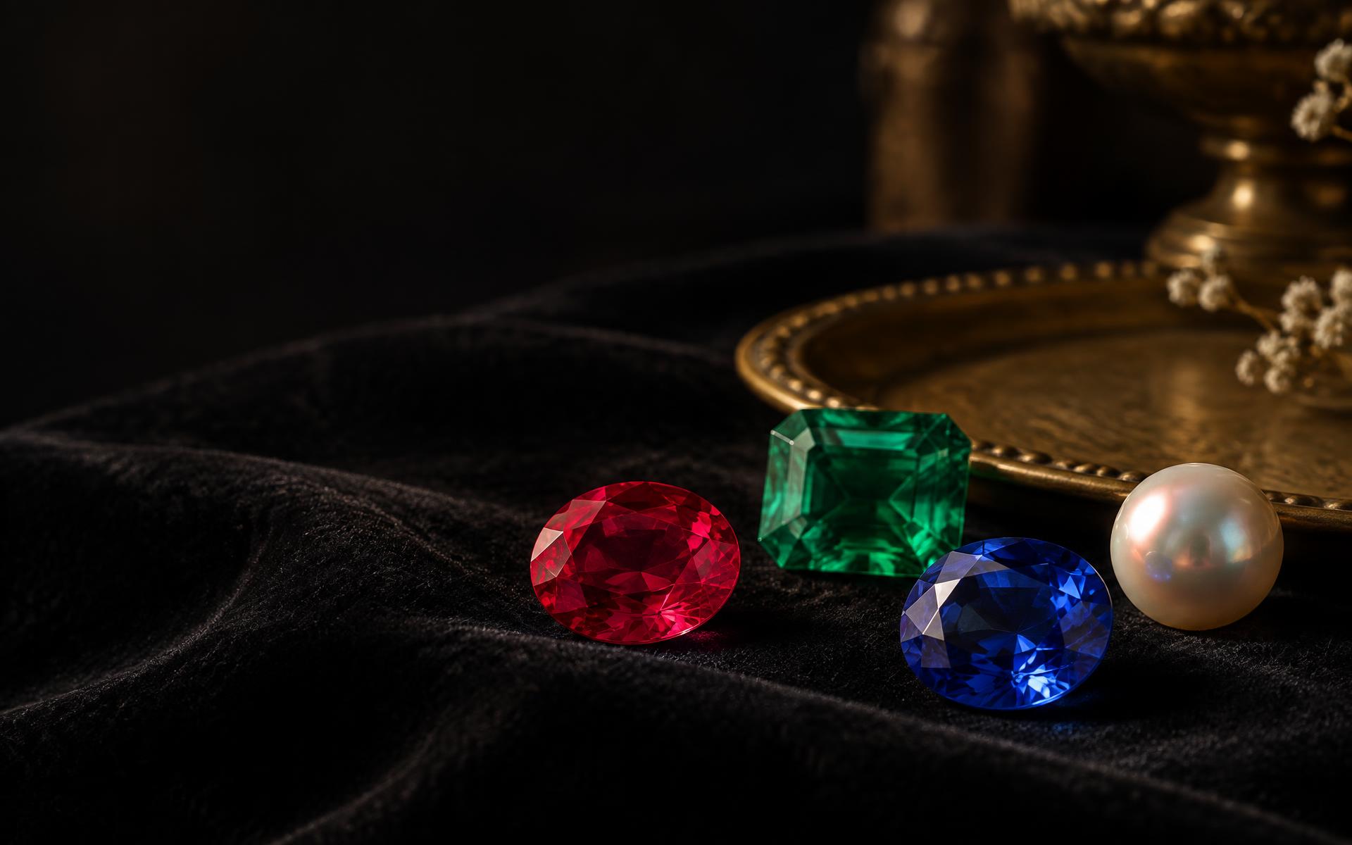 Certified ruby, emerald, sapphire and pearl on black velvet